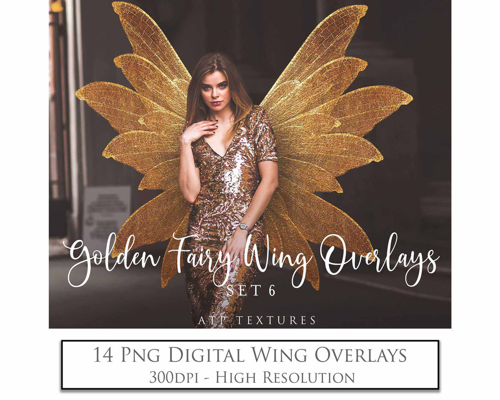 Golden fairy wings, Png overlays for photoshop. High resolution transparent, see through wings. Fairycore, Cosplay, Photographers, Photoshop Edits, Digital overlay for photography. Digital stock and resources. Graphic design. Colourful, Gold, Fantasy Wing Bundle. Assets for Fine Art design. By ATP Textures