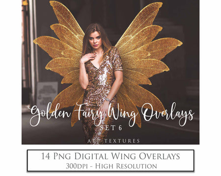 Golden fairy wings, Png overlays for photoshop. High resolution transparent, see through wings. Fairycore, Cosplay, Photographers, Photoshop Edits, Digital overlay for photography. Digital stock and resources. Graphic design. Colourful, Gold, Fantasy Wing Bundle. Assets for Fine Art design. By ATP Textures