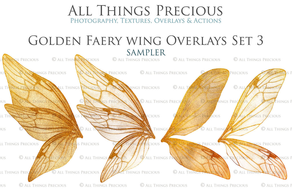 Golden fairy wings, Png overlays for photoshop. High resolution transparent, see through wings. Fairycore, Cosplay, Photographers, Photoshop Edits, Digital overlay for photography. Digital stock and resources. Graphic design. Colourful, Gold, Fantasy Wing Bundle. Assets for Fine Art design. By ATP Textures