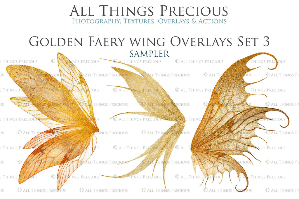 Golden fairy wings, Png overlays for photoshop. High resolution transparent, see through wings. Fairycore, Cosplay, Photographers, Photoshop Edits, Digital overlay for photography. Digital stock and resources. Graphic design. Colourful, Gold, Fantasy Wing Bundle. Assets for Fine Art design. By ATP Textures