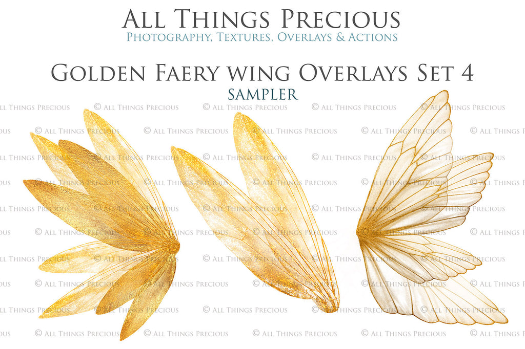 Golden fairy wings, Png overlays for photoshop. High resolution transparent, see through wings. Fairycore, Cosplay, Photographers, Photoshop Edits, Digital overlay for photography. Digital stock and resources. Graphic design. Colourful, Gold, Fantasy Wing Bundle. Assets for Fine Art design. By ATP Textures