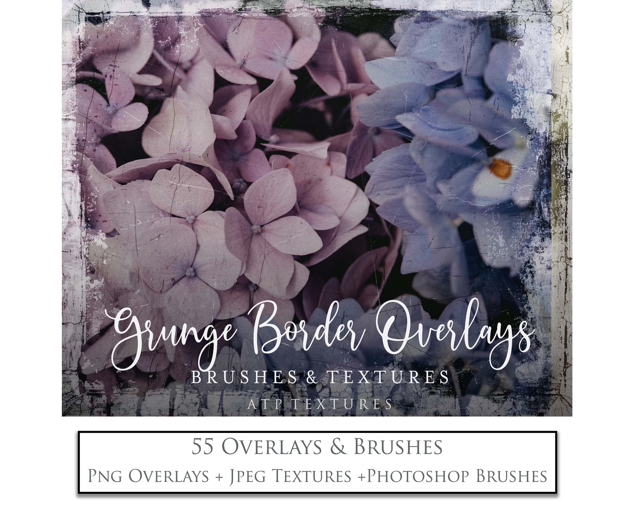 Photography Overlays & Photoshop Brushes. 300dpi, high resolution. Grungy frames, Png clipart, Jpeg overlays Photographer editing graphic assets. ATP Textures.