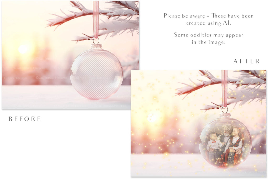 Christmas Glass Bauble Ornament Overlay and Background, with snow flurries and a PSD template included in the set.The globe is transparent, perfect for you to add your own images and retain the snow globe effect.This file is 6000 x 4000, 300dpi. Photography, Scrapbooking, Photo Overlays, Png, Jpeg, Psd. ATP Textures.