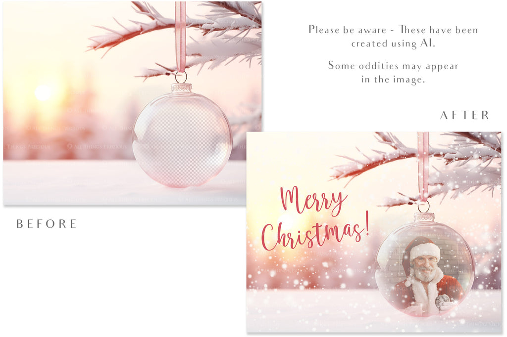 Christmas Glass Bauble Ornament Overlay and Background, with snow flurries and a PSD template included in the set.The globe is transparent, perfect for you to add your own images and retain the snow globe effect.This file is 6000 x 4000, 300dpi. Photography, Scrapbooking, Photo Overlays, Png, Jpeg, Psd. ATP Textures.