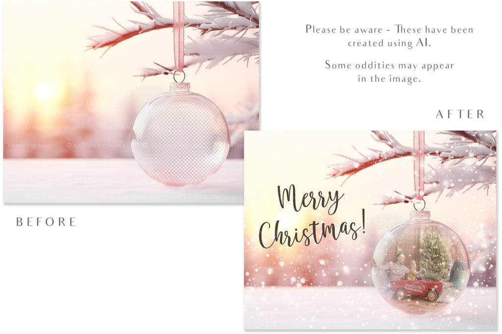 Christmas Glass Bauble Ornament Overlay and Background, with snow flurries and a PSD template included in the set.The globe is transparent, perfect for you to add your own images and retain the snow globe effect.This file is 6000 x 4000, 300dpi. Photography, Scrapbooking, Photo Overlays, Png, Jpeg, Psd. ATP Textures.