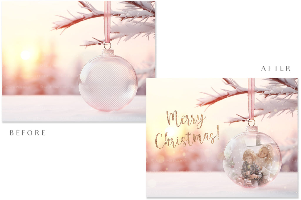 Christmas Glass Bauble Ornament Overlay and Background, with snow flurries and a PSD template included in the set.The globe is transparent, perfect for you to add your own images and retain the snow globe effect.This file is 6000 x 4000, 300dpi. Photography, Scrapbooking, Photo Overlays, Png, Jpeg, Psd. ATP Textures.