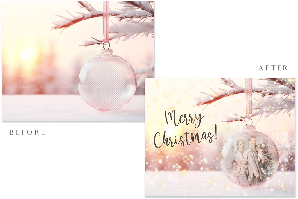 Christmas Glass Bauble Ornament Overlay and Background, with snow flurries and a PSD template included in the set.The globe is transparent, perfect for you to add your own images and retain the snow globe effect.This file is 6000 x 4000, 300dpi. Photography, Scrapbooking, Photo Overlays, Png, Jpeg, Psd. ATP Textures.