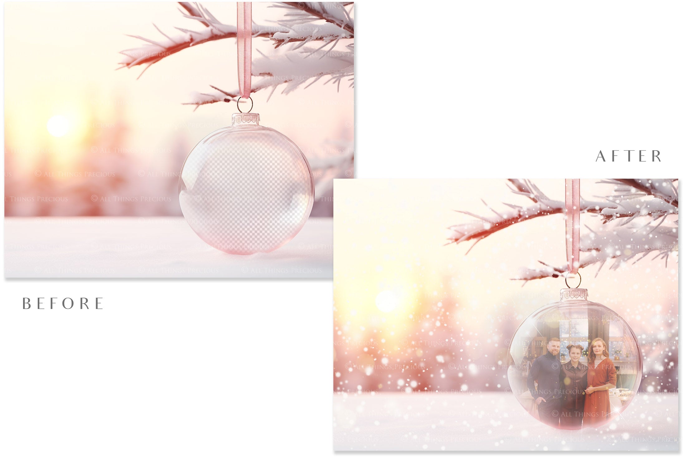 Christmas Glass Bauble Ornament Overlay and Background, with snow flurries and a PSD template included in the set.The globe is transparent, perfect for you to add your own images and retain the snow globe effect.This file is 6000 x 4000, 300dpi. Photography, Scrapbooking, Photo Overlays, Png, Jpeg, Psd. ATP Textures.