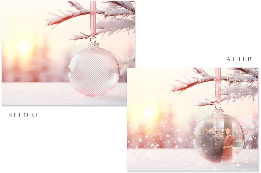 Christmas Glass Bauble Ornament Overlay and Background, with snow flurries and a PSD template included in the set.The globe is transparent, perfect for you to add your own images and retain the snow globe effect.This file is 6000 x 4000, 300dpi. Photography, Scrapbooking, Photo Overlays, Png, Jpeg, Psd. ATP Textures.