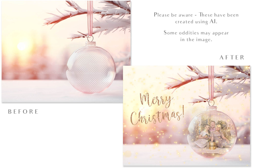 Christmas Glass Bauble Ornament Overlay and Background, with snow flurries and a PSD template included in the set.The globe is transparent, perfect for you to add your own images and retain the snow globe effect.This file is 6000 x 4000, 300dpi. Photography, Scrapbooking, Photo Overlays, Png, Jpeg, Psd. ATP Textures.