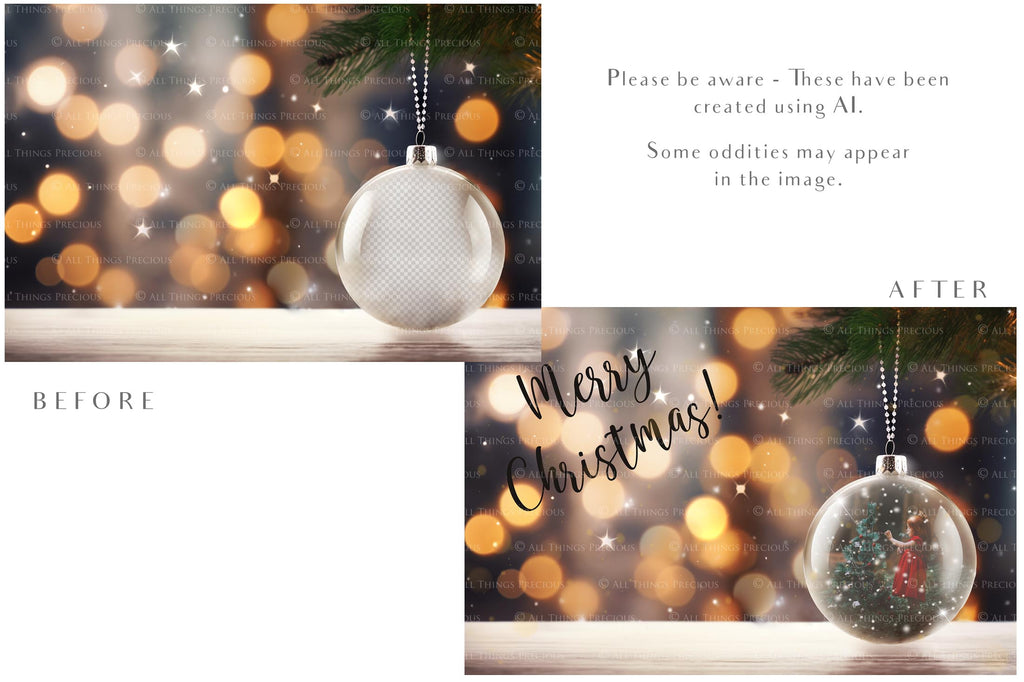 Christmas Glass Bauble Ornament Overlay and Background, with snow flurries and a PSD template included in the set.The globe is transparent, perfect for you to add your own images and retain the snow globe effect.This file is 6000 x 4000, 300dpi. Photography, Scrapbooking, Photo Overlays, Png, Jpeg, Psd. ATP Textures.