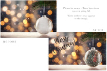Load image into Gallery viewer, Christmas Glass Bauble Ornament Overlay and Background, with snow flurries and a PSD template included in the set.The globe is transparent, perfect for you to add your own images and retain the snow globe effect.This file is 6000 x 4000, 300dpi. Photography, Scrapbooking, Photo Overlays, Png, Jpeg, Psd. ATP Textures.
