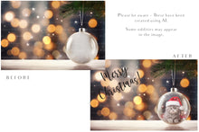 Load image into Gallery viewer, Christmas Glass Bauble Ornament Overlay and Background, with snow flurries and a PSD template included in the set.The globe is transparent, perfect for you to add your own images and retain the snow globe effect.This file is 6000 x 4000, 300dpi. Photography, Scrapbooking, Photo Overlays, Png, Jpeg, Psd. ATP Textures.
