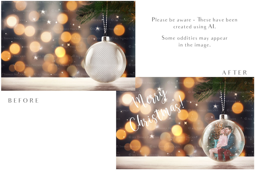 Christmas Glass Bauble Ornament Overlay and Background, with snow flurries and a PSD template included in the set.The globe is transparent, perfect for you to add your own images and retain the snow globe effect.This file is 6000 x 4000, 300dpi. Photography, Scrapbooking, Photo Overlays, Png, Jpeg, Psd. ATP Textures.