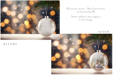 Load image into Gallery viewer, Christmas Glass Bauble Ornament Overlay and Background, with snow flurries and a PSD template included in the set.The globe is transparent, perfect for you to add your own images and retain the snow globe effect.This file is 6000 x 4000, 300dpi. Photography, Scrapbooking, Photo Overlays, Png, Jpeg, Psd. ATP Textures.
