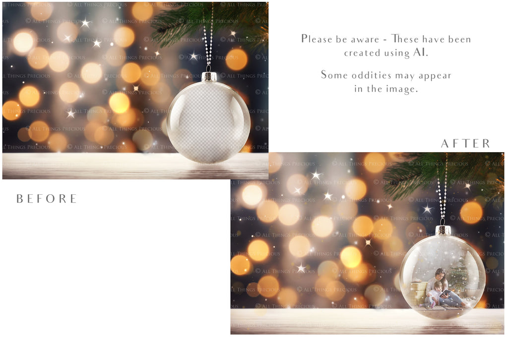 Christmas Glass Bauble Ornament Overlay and Background, with snow flurries and a PSD template included in the set.The globe is transparent, perfect for you to add your own images and retain the snow globe effect.This file is 6000 x 4000, 300dpi. Photography, Scrapbooking, Photo Overlays, Png, Jpeg, Psd. ATP Textures.