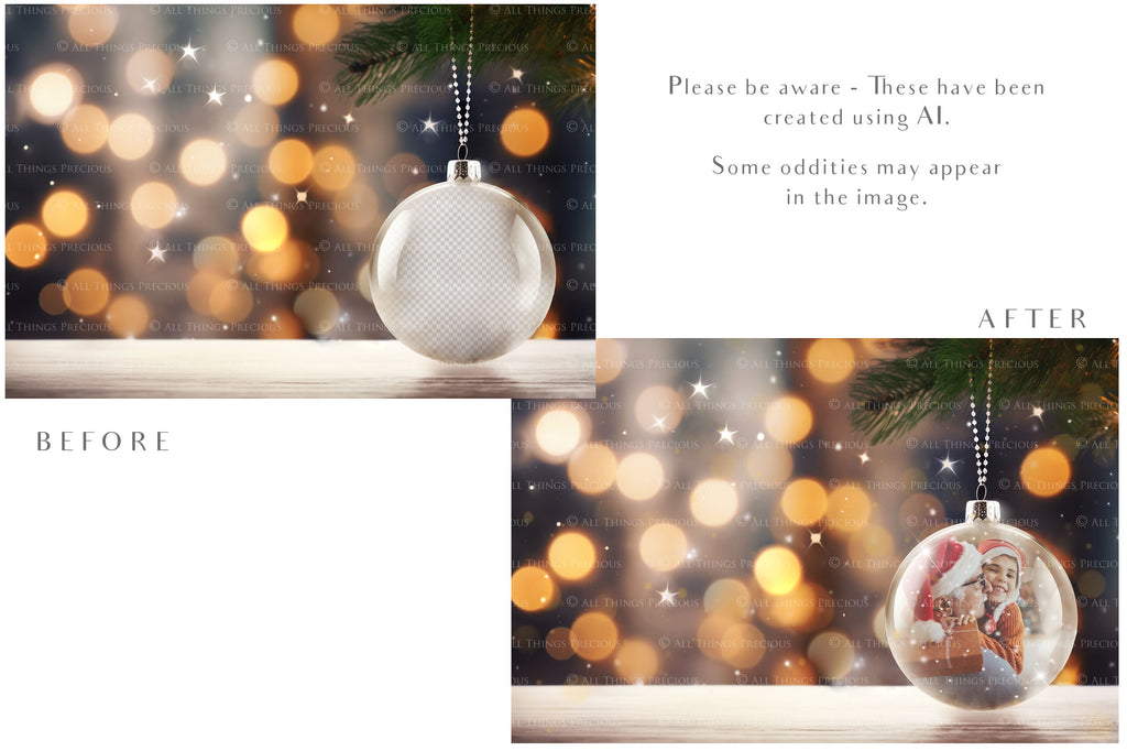 Christmas Glass Bauble Ornament Overlay and Background, with snow flurries and a PSD template included in the set.The globe is transparent, perfect for you to add your own images and retain the snow globe effect.This file is 6000 x 4000, 300dpi. Photography, Scrapbooking, Photo Overlays, Png, Jpeg, Psd. ATP Textures.