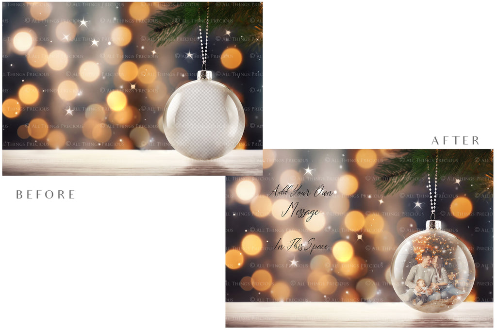 Christmas Glass Bauble Ornament Overlay and Background, with snow flurries and a PSD template included in the set.The globe is transparent, perfect for you to add your own images and retain the snow globe effect.This file is 6000 x 4000, 300dpi. Photography, Scrapbooking, Photo Overlays, Png, Jpeg, Psd. ATP Textures.