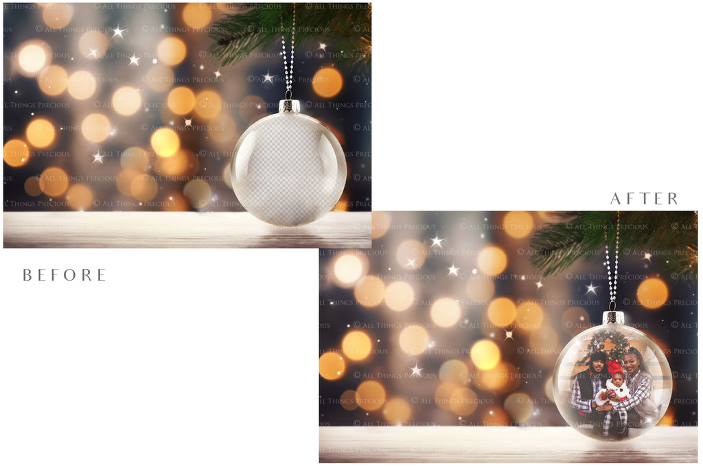 Christmas Glass Bauble Ornament Overlay and Background, with snow flurries and a PSD template included in the set.The globe is transparent, perfect for you to add your own images and retain the snow globe effect.This file is 6000 x 4000, 300dpi. Photography, Scrapbooking, Photo Overlays, Png, Jpeg, Psd. ATP Textures.