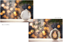 Load image into Gallery viewer, Christmas Glass Bauble Ornament Overlay and Background, with snow flurries and a PSD template included in the set.The globe is transparent, perfect for you to add your own images and retain the snow globe effect.This file is 6000 x 4000, 300dpi. Photography, Scrapbooking, Photo Overlays, Png, Jpeg, Psd. ATP Textures.
