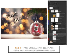 Load image into Gallery viewer, Christmas Glass Bauble Ornament Overlay and Background, with snow flurries and a PSD template included in the set.The globe is transparent, perfect for you to add your own images and retain the snow globe effect.This file is 6000 x 4000, 300dpi. Photography, Scrapbooking, Photo Overlays, Png, Jpeg, Psd. ATP Textures.

