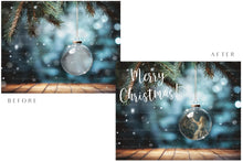 Load image into Gallery viewer, Christmas Glass Bauble Ornament Overlay and Background, with snow flurries and a PSD template included in the set.The globe is transparent, perfect for you to add your own images and retain the snow globe effect.This file is 6000 x 4000, 300dpi. Photography, Scrapbooking, Photo Overlays, Png, Jpeg, Psd. ATP Textures.
