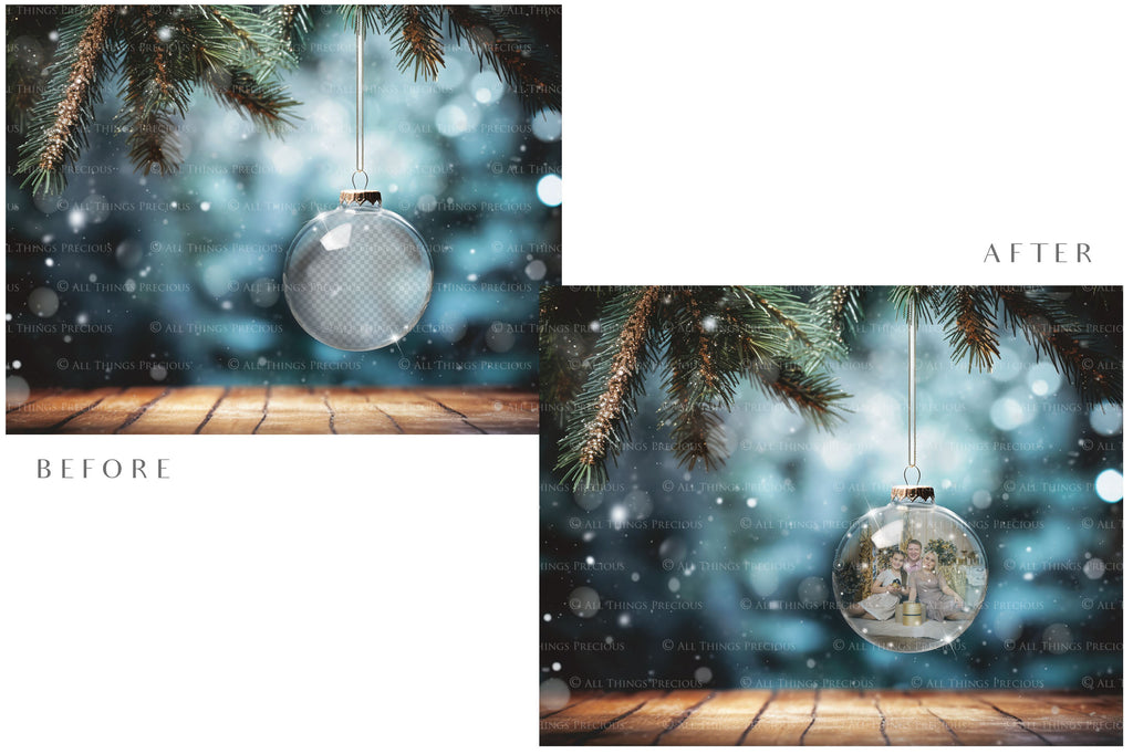 Christmas Glass Bauble Ornament Overlay and Background, with snow flurries and a PSD template included in the set.The globe is transparent, perfect for you to add your own images and retain the snow globe effect.This file is 6000 x 4000, 300dpi. Photography, Scrapbooking, Photo Overlays, Png, Jpeg, Psd. ATP Textures.