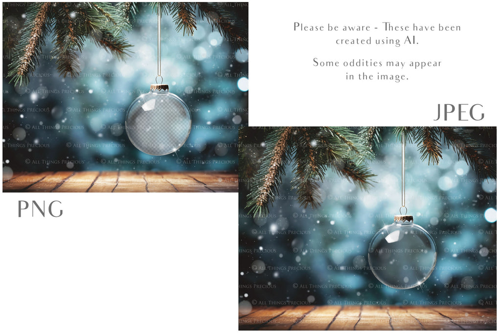 Christmas Glass Bauble Ornament Overlay and Background, with snow flurries and a PSD template included in the set.The globe is transparent, perfect for you to add your own images and retain the snow globe effect.This file is 6000 x 4000, 300dpi. Photography, Scrapbooking, Photo Overlays, Png, Jpeg, Psd. ATP Textures.