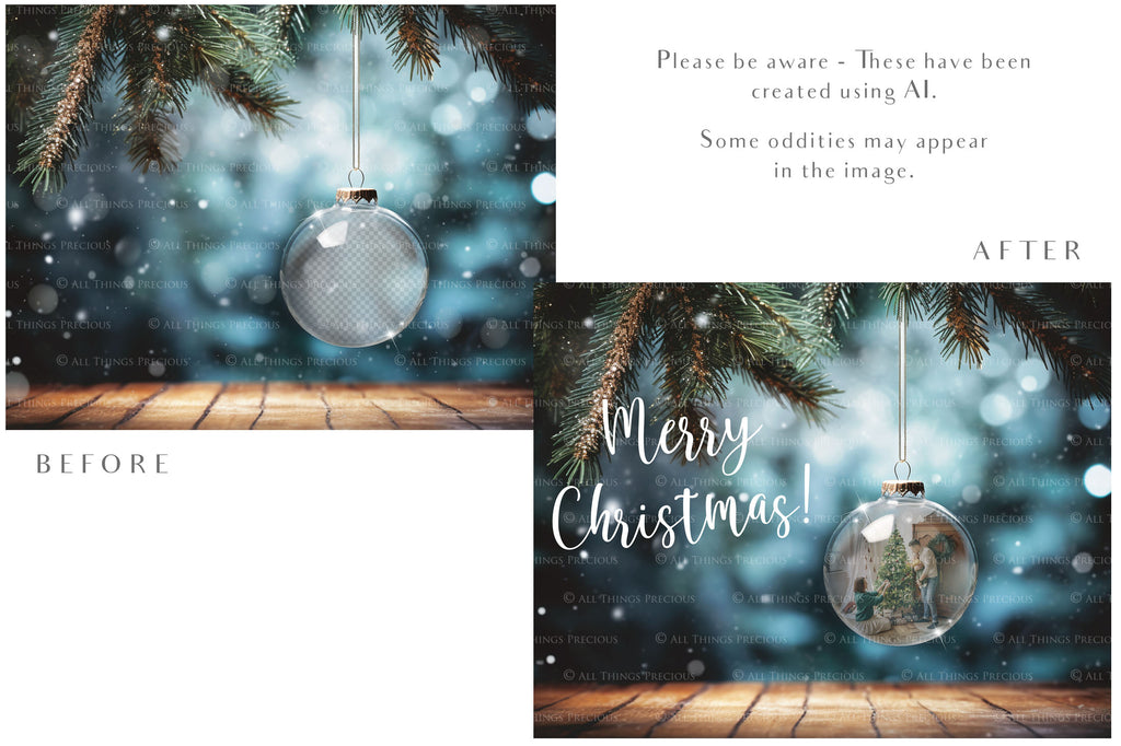 Christmas Glass Bauble Ornament Overlay and Background, with snow flurries and a PSD template included in the set.The globe is transparent, perfect for you to add your own images and retain the snow globe effect.This file is 6000 x 4000, 300dpi. Photography, Scrapbooking, Photo Overlays, Png, Jpeg, Psd. ATP Textures.