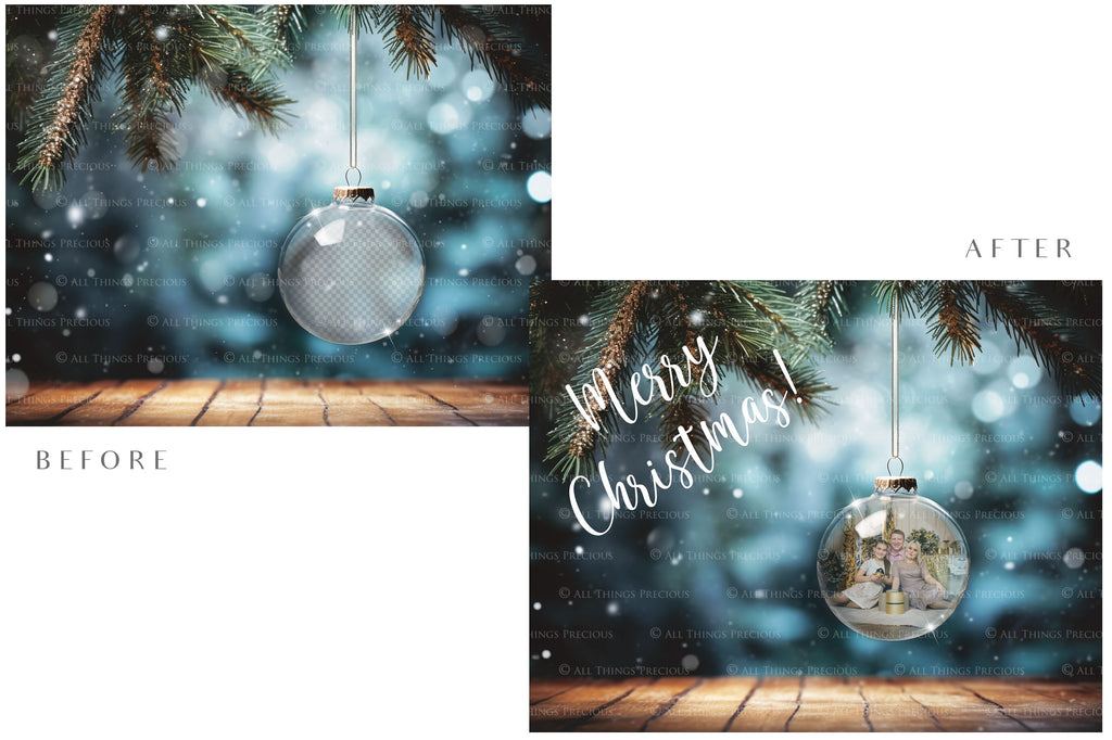 Christmas Glass Bauble Ornament Overlay and Background, with snow flurries and a PSD template included in the set.The globe is transparent, perfect for you to add your own images and retain the snow globe effect.This file is 6000 x 4000, 300dpi. Photography, Scrapbooking, Photo Overlays, Png, Jpeg, Psd. ATP Textures.