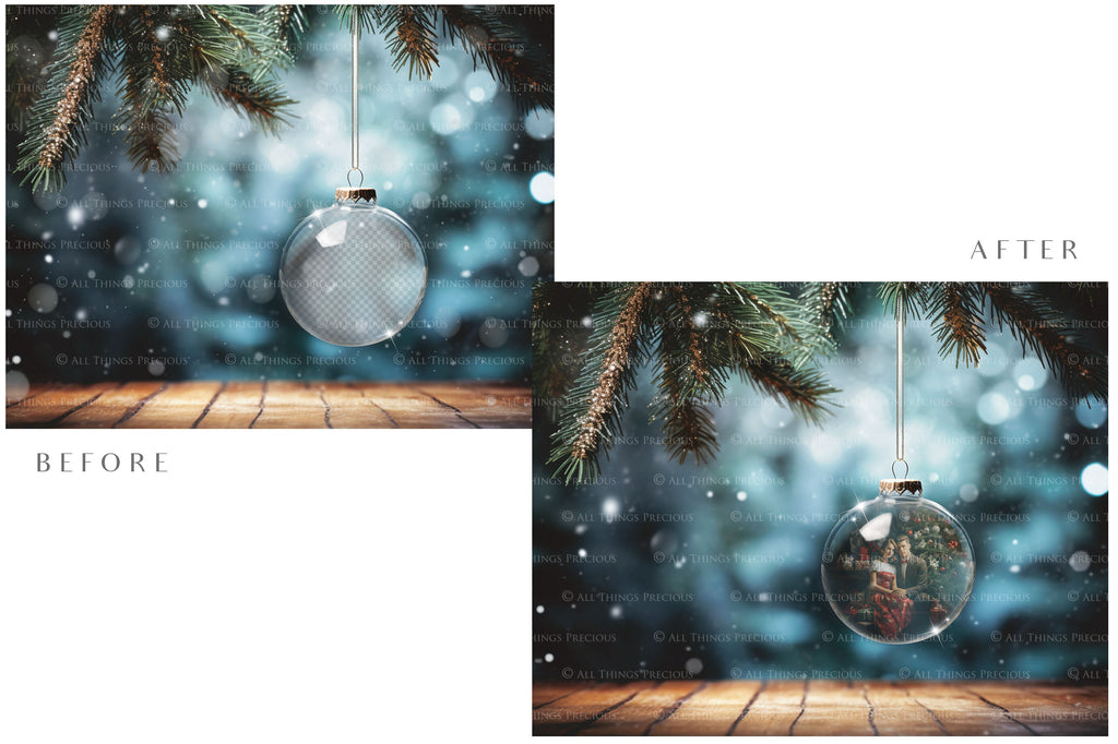 Christmas Glass Bauble Ornament Overlay and Background, with snow flurries and a PSD template included in the set.The globe is transparent, perfect for you to add your own images and retain the snow globe effect.This file is 6000 x 4000, 300dpi. Photography, Scrapbooking, Photo Overlays, Png, Jpeg, Psd. ATP Textures.