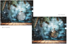 Load image into Gallery viewer, Christmas Glass Bauble Ornament Overlay and Background, with snow flurries and a PSD template included in the set.The globe is transparent, perfect for you to add your own images and retain the snow globe effect.This file is 6000 x 4000, 300dpi. Photography, Scrapbooking, Photo Overlays, Png, Jpeg, Psd. ATP Textures.
