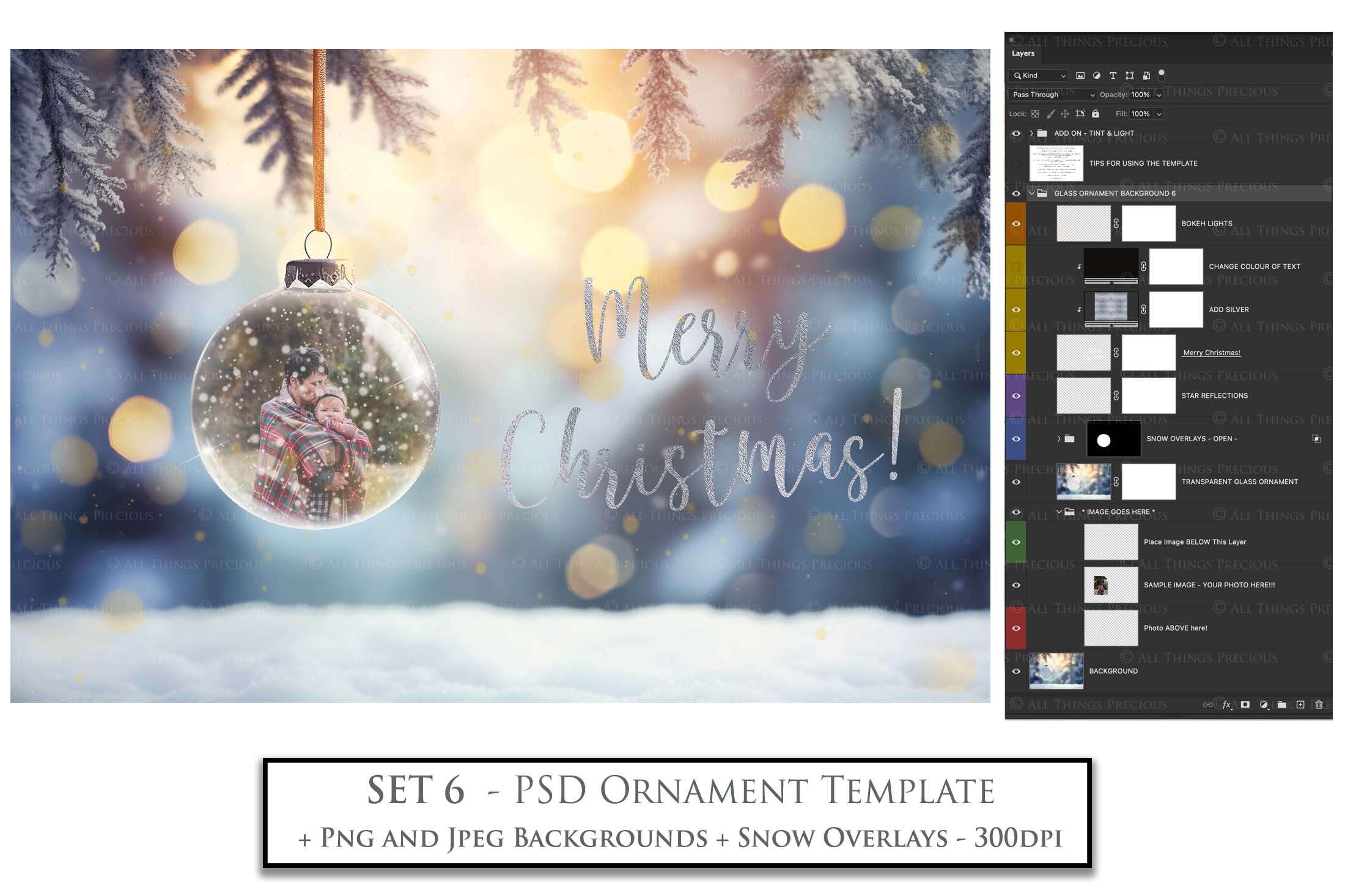 Christmas Glass Bauble Ornament Overlay and Background, with snow flurries and a PSD template. The globe is transparent. This file is 6000 x 4000, 300dpi. Photography, Scrapbooking, Photo Overlays, Print Art Card Edit Png, Jpeg, Psd. ATP Textures.