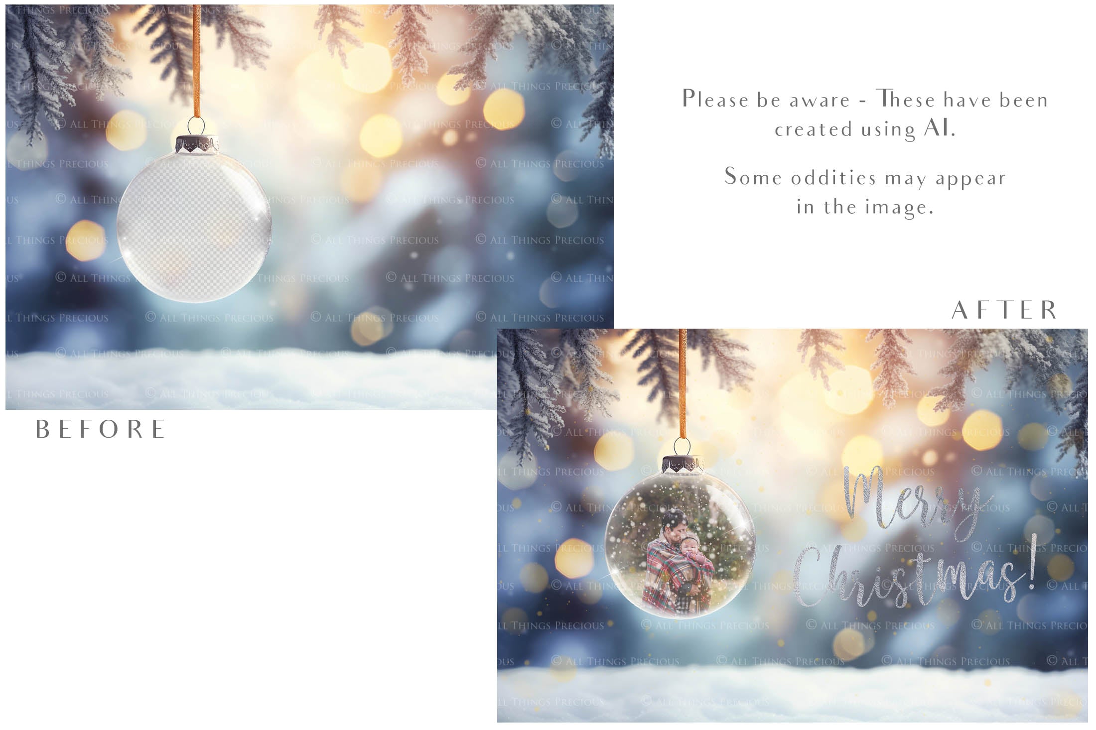 Christmas Glass Bauble Ornament Overlay and Background, with snow flurries and a PSD template. The globe is transparent. This file is 6000 x 4000, 300dpi. Photography, Scrapbooking, Photo Overlays, Print Art Card Edit Png, Jpeg, Psd. ATP Textures.