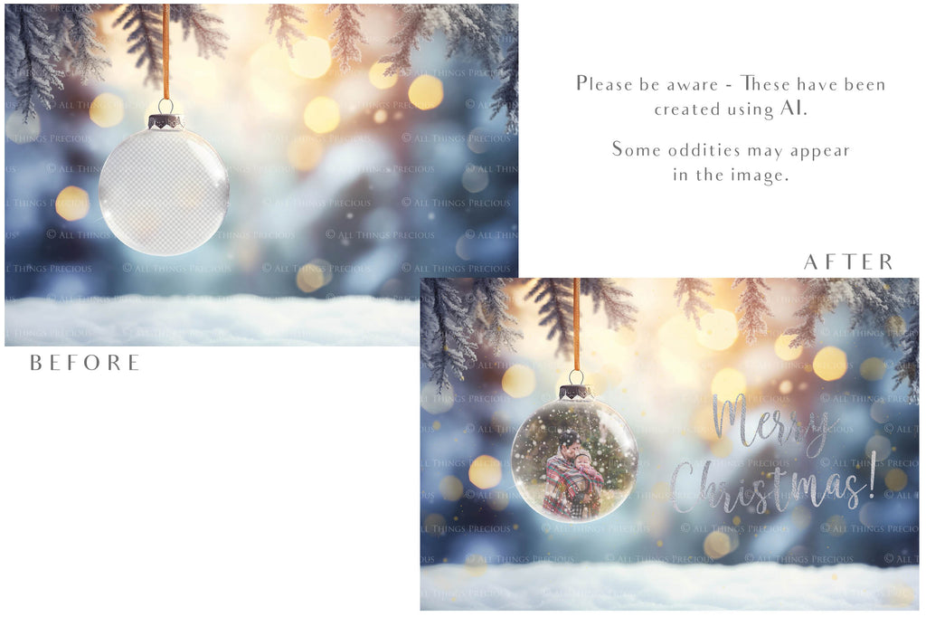 Christmas Glass Bauble Ornament Overlay and Background, with snow flurries and a PSD template. The globe is transparent. This file is 6000 x 4000, 300dpi. Photography, Scrapbooking, Photo Overlays, Print Art Card Edit Png, Jpeg, Psd. ATP Textures.