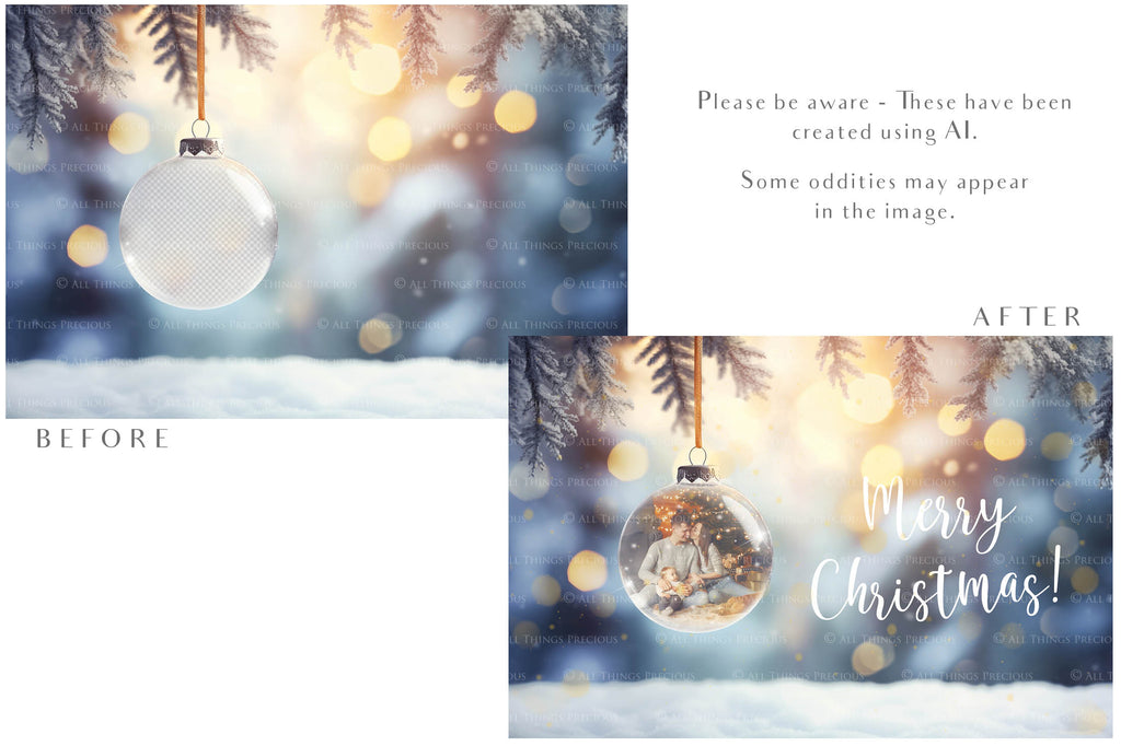 Christmas Glass Bauble Ornament Overlay and Background, with snow flurries and a PSD template. The globe is transparent. This file is 6000 x 4000, 300dpi. Photography, Scrapbooking, Photo Overlays, Print Art Card Edit Png, Jpeg, Psd. ATP Textures.