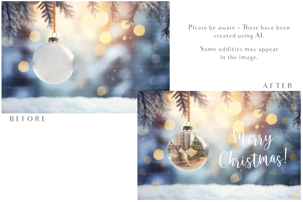 Christmas Glass Bauble Ornament Overlay and Background, with snow flurries and a PSD template. The globe is transparent. This file is 6000 x 4000, 300dpi. Photography, Scrapbooking, Photo Overlays, Print Art Card Edit Png, Jpeg, Psd. ATP Textures.