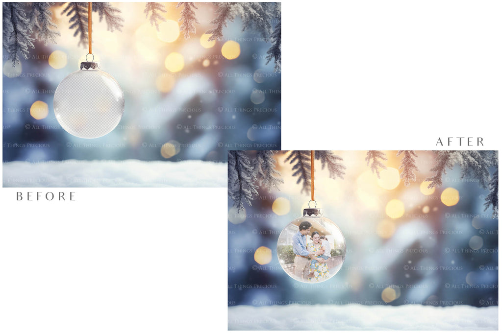 Christmas Glass Bauble Ornament Overlay and Background, with snow flurries and a PSD template. The globe is transparent. This file is 6000 x 4000, 300dpi. Photography, Scrapbooking, Photo Overlays, Print Art Card Edit Png, Jpeg, Psd. ATP Textures.