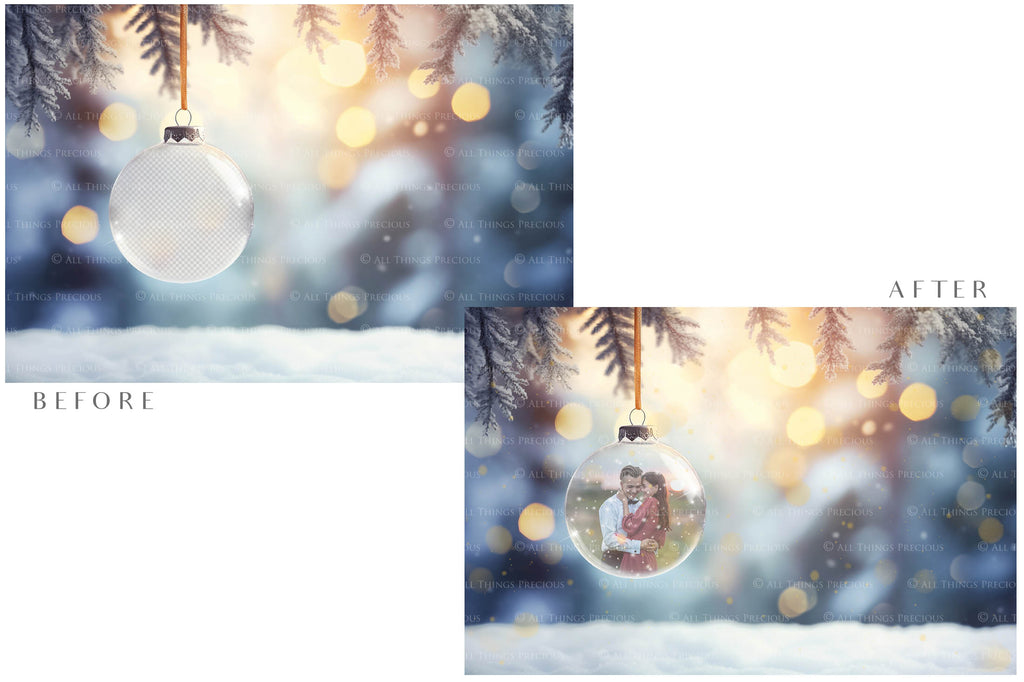 Christmas Glass Bauble Ornament Overlay and Background, with snow flurries and a PSD template. The globe is transparent. This file is 6000 x 4000, 300dpi. Photography, Scrapbooking, Photo Overlays, Print Art Card Edit Png, Jpeg, Psd. ATP Textures.