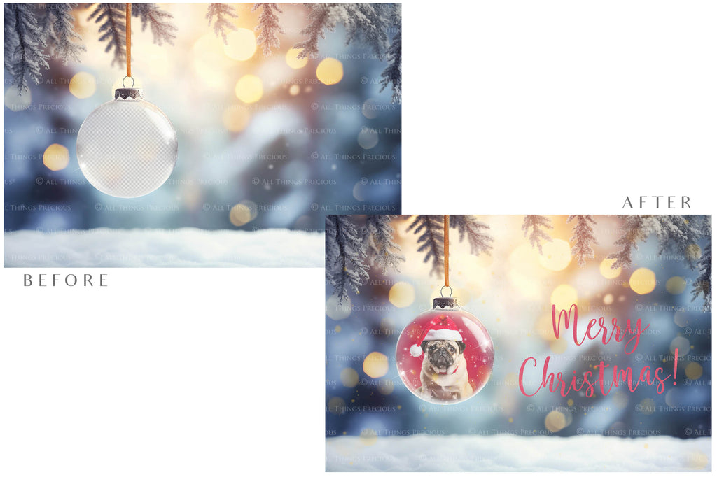 Christmas Glass Bauble Ornament Overlay and Background, with snow flurries and a PSD template. The globe is transparent. This file is 6000 x 4000, 300dpi. Photography, Scrapbooking, Photo Overlays, Print Art Card Edit Png, Jpeg, Psd. ATP Textures.