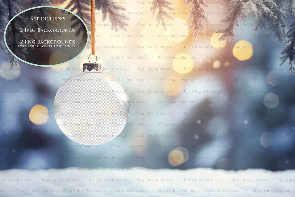 Christmas Glass Bauble Ornament Overlay and Background, with snow flurries and a PSD template. The globe is transparent. This file is 6000 x 4000, 300dpi. Photography, Scrapbooking, Photo Overlays, Print Art Card Edit Png, Jpeg, Psd. ATP Textures.