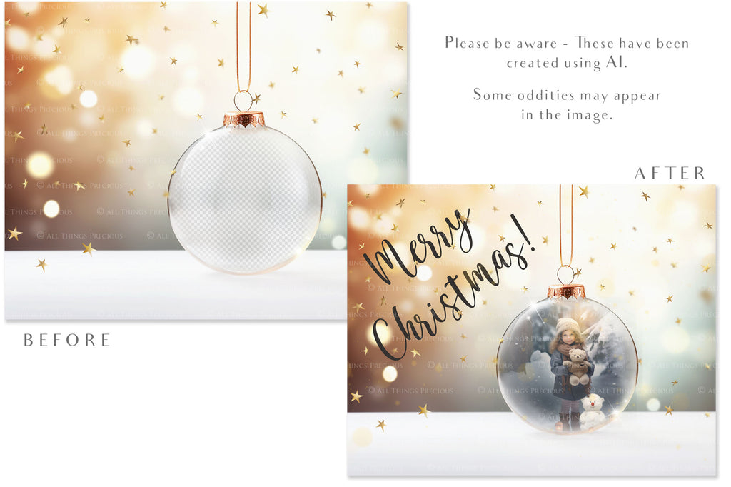 Christmas Glass Bauble Ornament Overlay and Background, with snow flurries and a PSD template. The globe is transparent. This file is 6000 x 4000, 300dpi. Photography, Scrapbooking, Photo Overlays, Print Art Card Edit Png, Jpeg, Psd. ATP Textures.