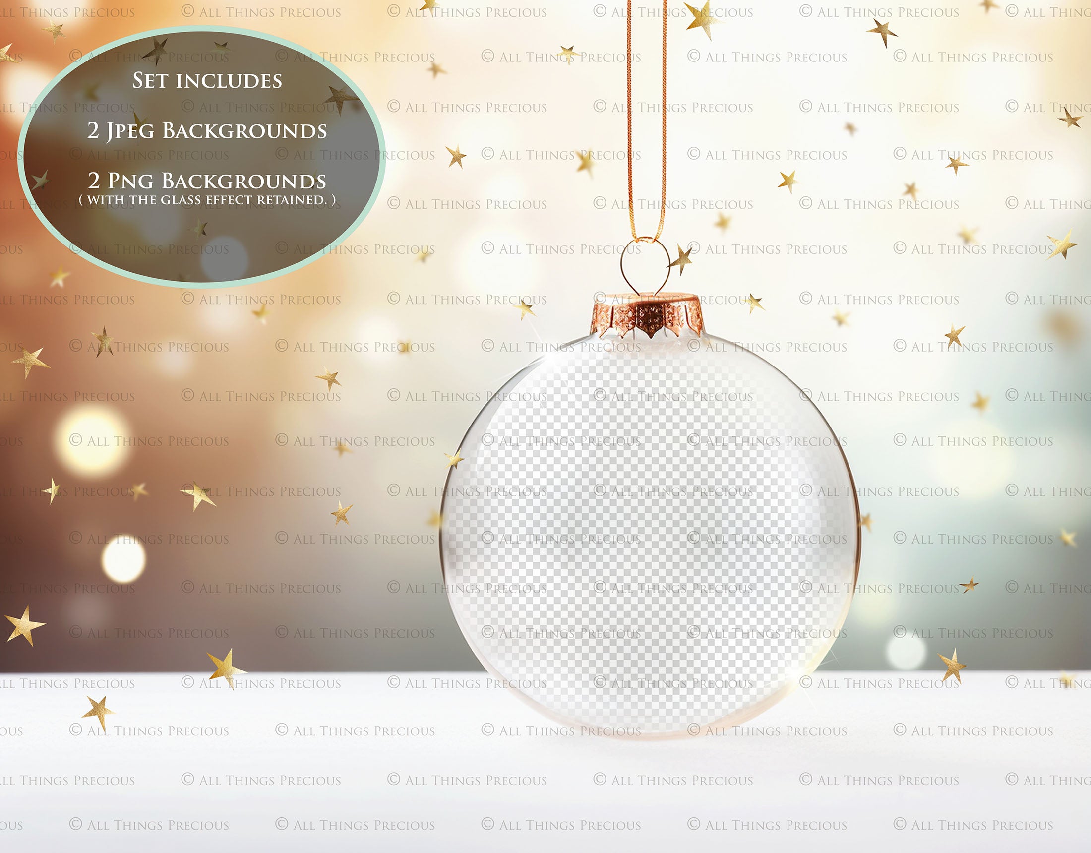 Christmas Glass Bauble Ornament Overlay and Background, with snow flurries and a PSD template. The globe is transparent. This file is 6000 x 4000, 300dpi. Photography, Scrapbooking, Photo Overlays, Print Art Card Edit Png, Jpeg, Psd. ATP Textures.