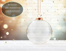 Load image into Gallery viewer, Christmas Glass Bauble Ornament Overlay and Background, with snow flurries and a PSD template. The globe is transparent. This file is 6000 x 4000, 300dpi. Photography, Scrapbooking, Photo Overlays, Print Art Card Edit Png, Jpeg, Psd. ATP Textures.
