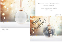 Load image into Gallery viewer, Christmas Glass Bauble Ornament Overlay and Background, with snow flurries and a PSD template. The globe is transparent. This file is 6000 x 4000, 300dpi. Photography, Scrapbooking, Photo Overlays, Print Art Card Edit Png, Jpeg, Psd. ATP Textures.
