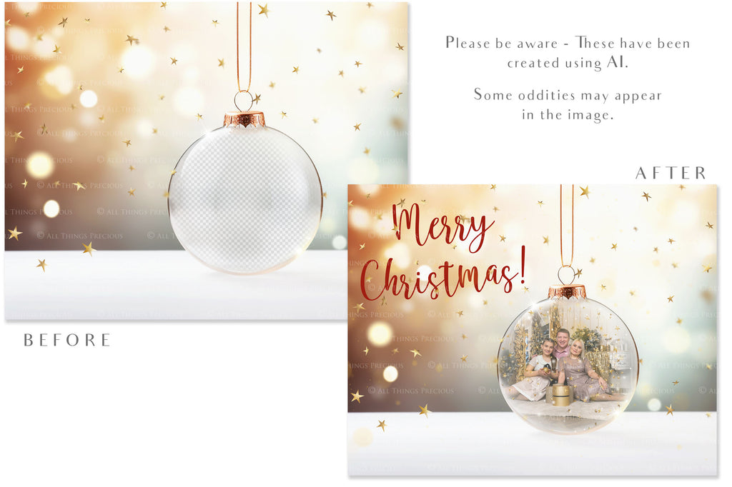 Christmas Glass Bauble Ornament Overlay and Background, with snow flurries and a PSD template. The globe is transparent. This file is 6000 x 4000, 300dpi. Photography, Scrapbooking, Photo Overlays, Print Art Card Edit Png, Jpeg, Psd. ATP Textures.