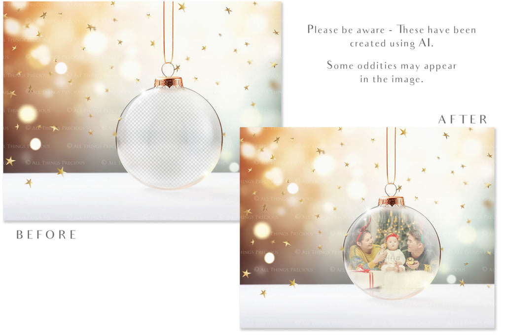 Christmas Glass Bauble Ornament Overlay and Background, with snow flurries and a PSD template. The globe is transparent. This file is 6000 x 4000, 300dpi. Photography, Scrapbooking, Photo Overlays, Print Art Card Edit Png, Jpeg, Psd. ATP Textures.