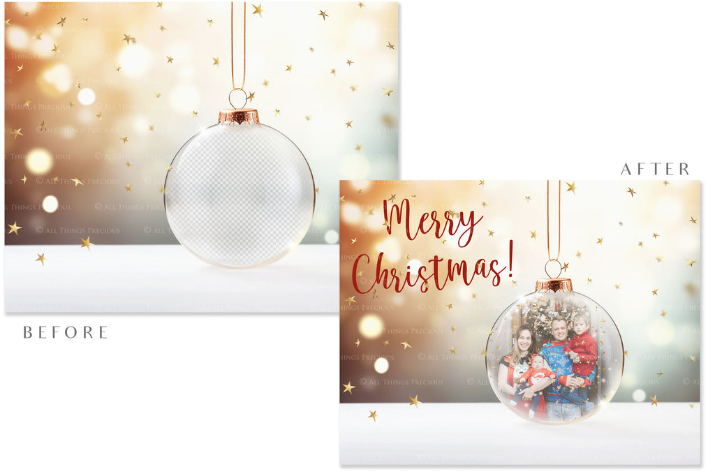 Christmas Glass Bauble Ornament Overlay and Background, with snow flurries and a PSD template. The globe is transparent. This file is 6000 x 4000, 300dpi. Photography, Scrapbooking, Photo Overlays, Print Art Card Edit Png, Jpeg, Psd. ATP Textures.