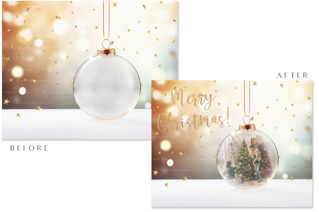 Christmas Glass Bauble Ornament Overlay and Background, with snow flurries and a PSD template. The globe is transparent. This file is 6000 x 4000, 300dpi. Photography, Scrapbooking, Photo Overlays, Print Art Card Edit Png, Jpeg, Psd. ATP Textures.