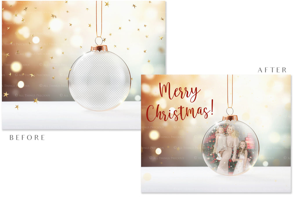 Christmas Glass Bauble Ornament Overlay and Background, with snow flurries and a PSD template. The globe is transparent. This file is 6000 x 4000, 300dpi. Photography, Scrapbooking, Photo Overlays, Print Art Card Edit Png, Jpeg, Psd. ATP Textures.